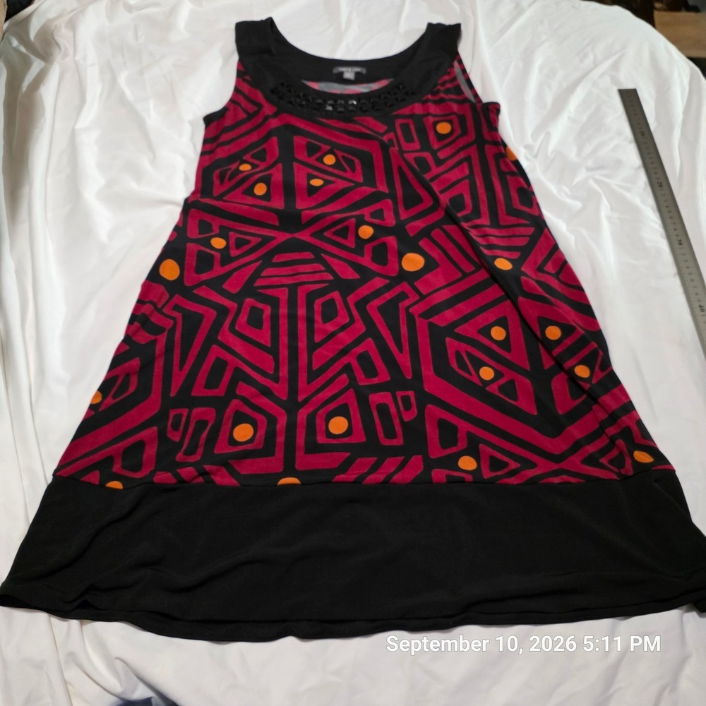 Apt. 9 Stretch Geometric Print Sleeveless Tunic Dress Studded Neck Red Black M